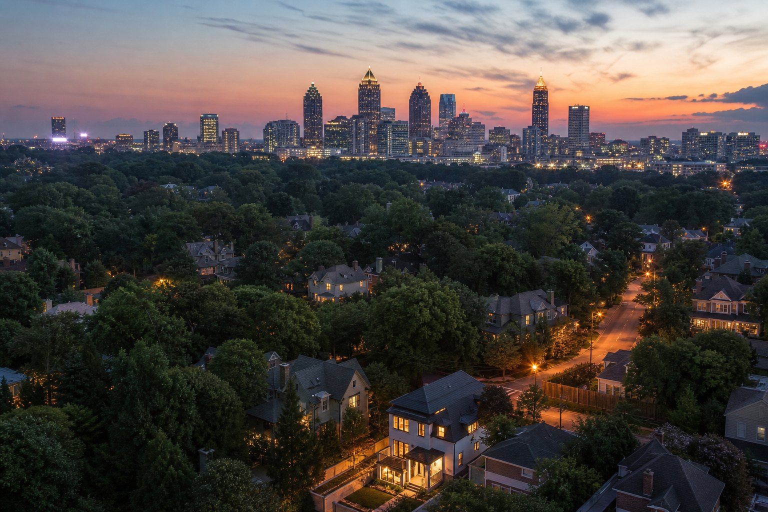 Twilight view over intown Atlanta with the downtown skyline